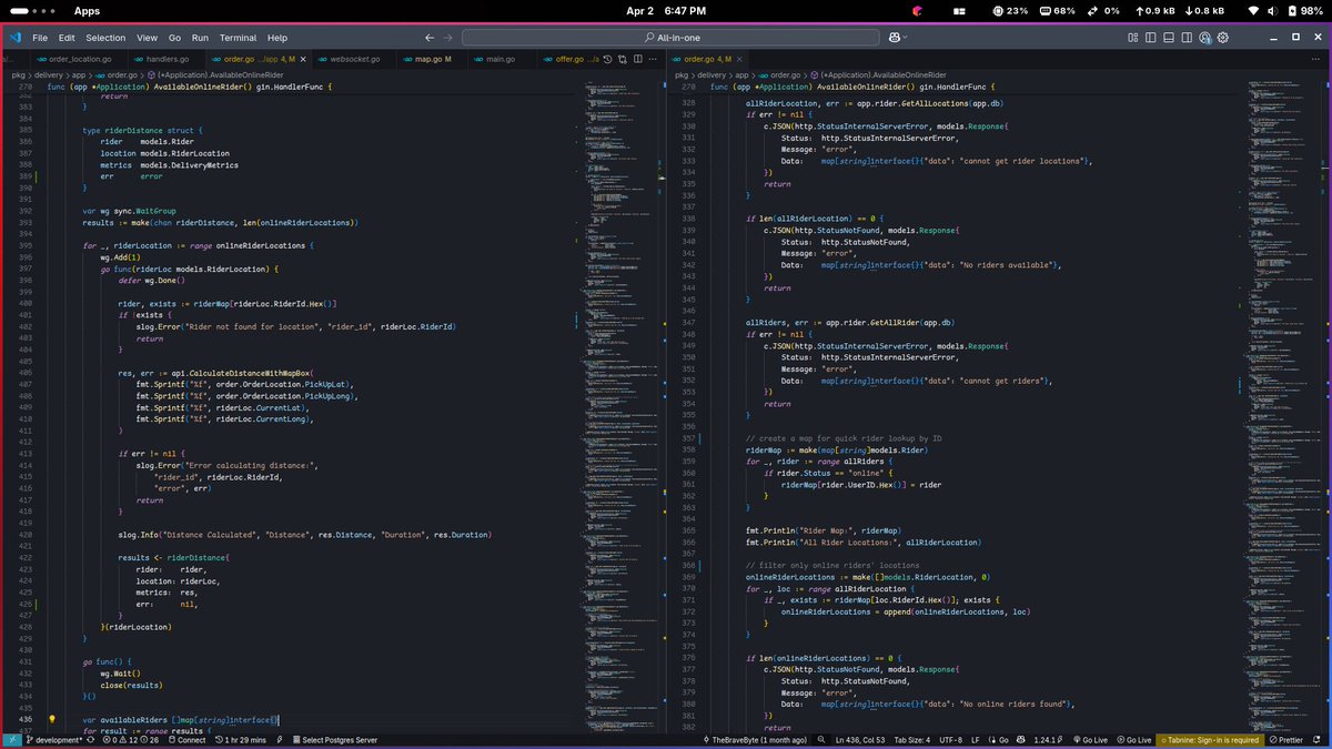yadevhq's tweet image. Hey everyone! It’s been a busy week, so I haven’t shared as much as I’d like. But I’m excited to give you a quick look into a project I’ve been working on—using Go routines & concurrency to match riders with customer pickup locations efficiently. 🚗💨
#GoLang #Concurrency