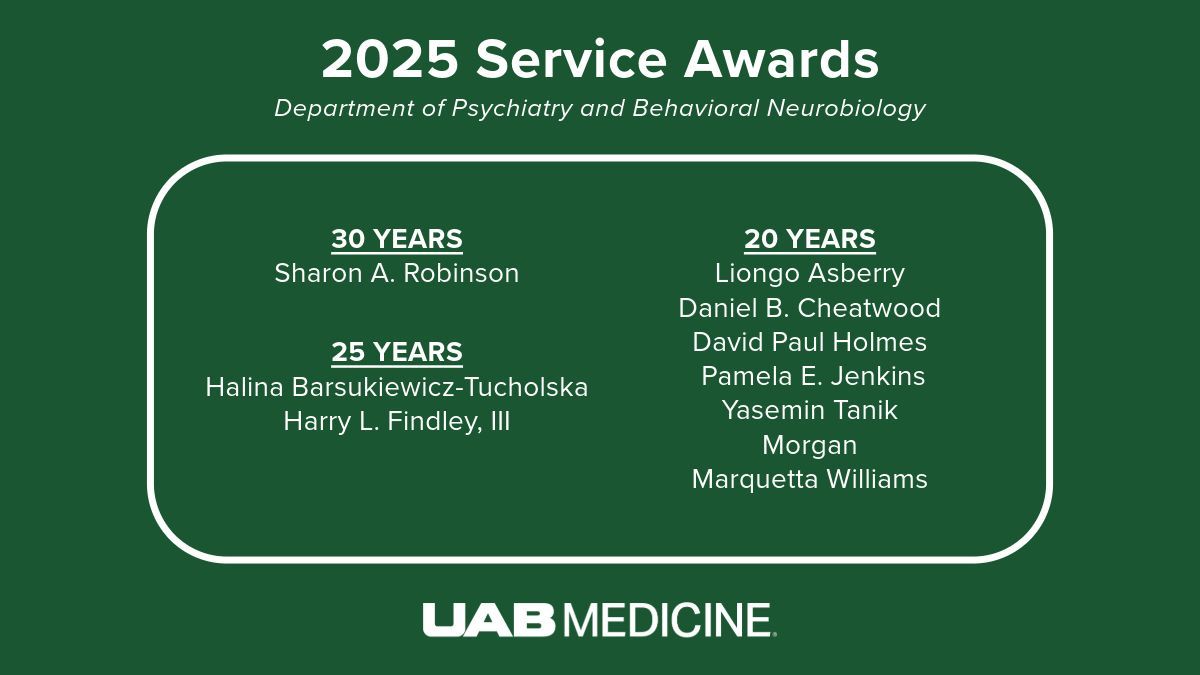 UAB Psychiatry (@uabpsychiatry) on Twitter photo The following members of the <a href="/UABHeersink/">UAB Heersink School of Medicine</a> Department of Psychiatry and Behavioral Neurobiology will be recognized on April 8 for their years of service to the department. Congratulations! We appreciate your hard work and dedication. ⭐ buff.ly/pFtEXCo The following members of the <a href="/UABHeersink/">UAB Heersink School of Medicine</a> Department of Psychiatry and Behavioral Neurobiology will be recognized on April 8 for their years of service to the department. Congratulations! We appreciate your hard work and dedication. ⭐ buff.ly/pFtEXCo