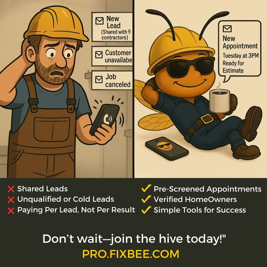 FixBeePro's tweet image. "Leads from other providers be like: ‘Call me… maybe.’ 🎵
FixBee be like: ‘See you Tuesday at 3 PM.’ 📅💼

Stop playing the guessing game.
Stop paying for dead ends.
Start booking real appointments with real homeowners."

📲 Contractors, join the winning team:…