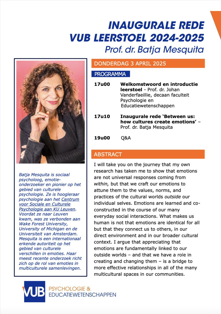 Rescheduled to tomorrow, Thursday April 3, at 17:00. For the livestream, please see below.

Prof. <a href="/BatjaMesquita/">Batja Mesquita</a> will give an inaugural lecture on how cultures create emotions at Vrije Universiteit Brussel.

Livestream: buff.ly/3gfdBDv (MS Teams).
