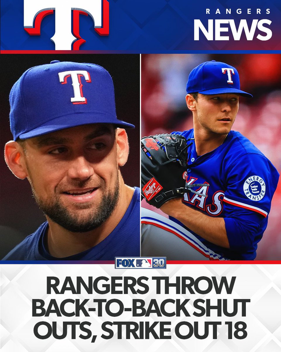 MLBONFOX's tweet photo. After giving up 14 runs on Monday, the Rangers shut out the Reds on back-to-back days 💪 

The Rangers only gave up 7 hits and walked 0 batters while striking out 18 over the last two games of the series 🔥 https://t.co/4l3GuzHSru