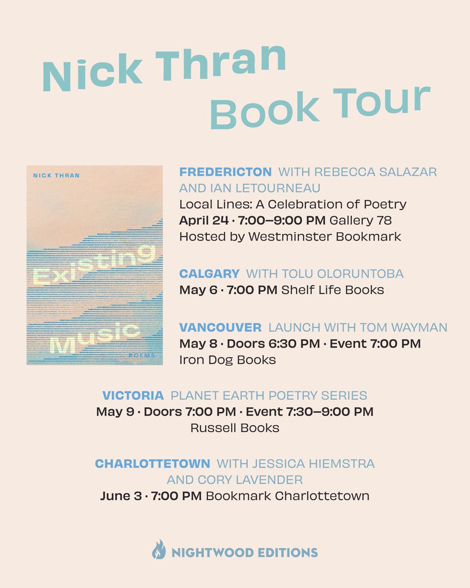 Trillium Book Award-winner Nick Thran will be launching his new poetry collection, Existing Music, across the country with events on both coasts!