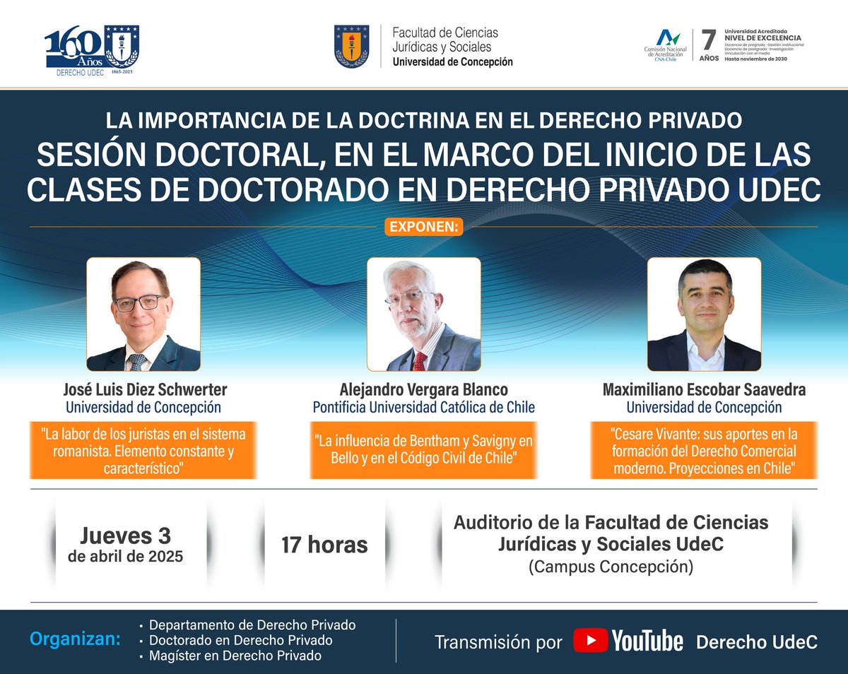 Comparto información sobre mis próximas actividades.

📅Jueves 03 de abril. Sesión Doctoral. La importancia de la doctrina en el Derecho Privado
"La influencia de Bentham y Savigny en Bello y en el Código Civil de Chile"
📍 Universidad de Concepción