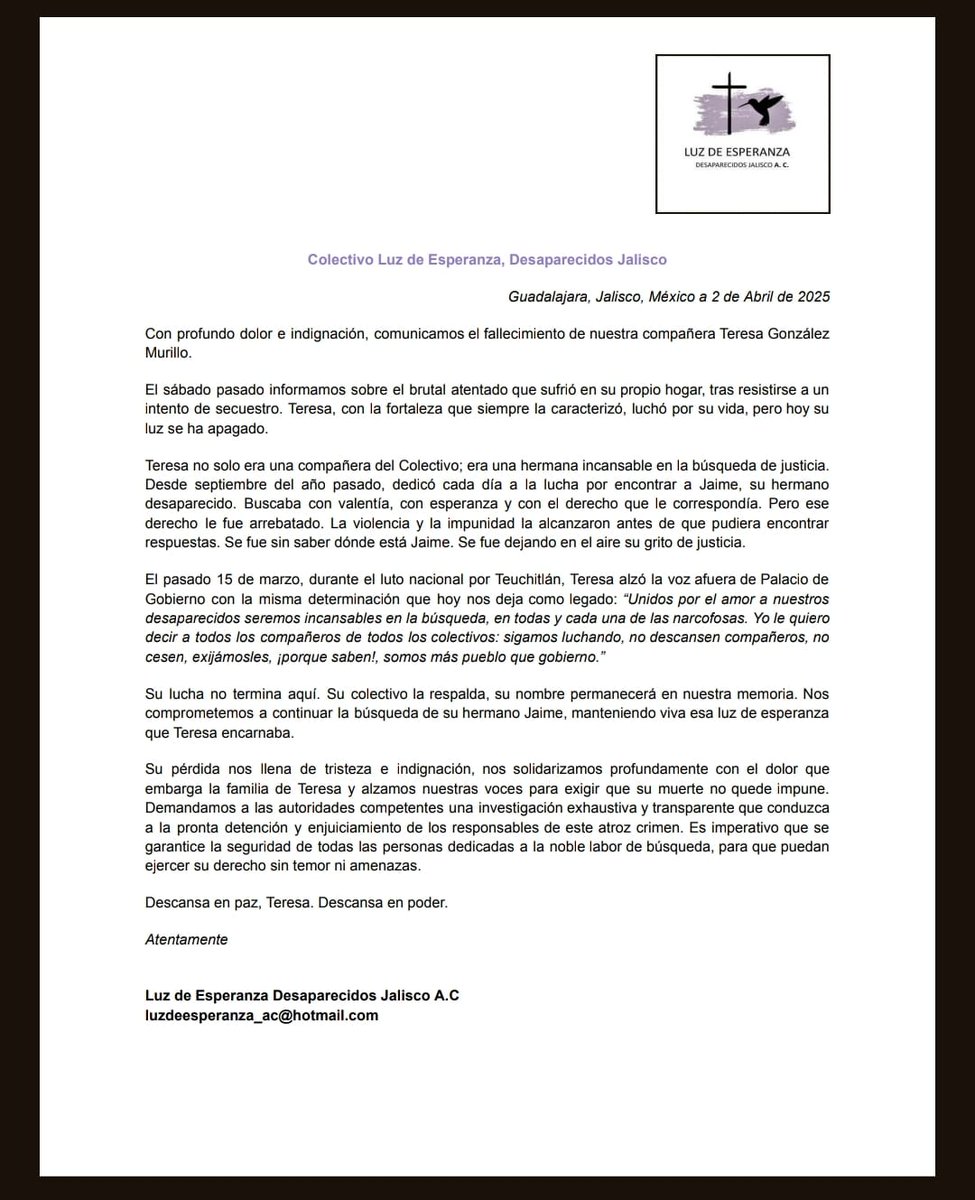 Tres personas asesinaron a la buscadora Teresa González Murillo del <a href="/LuzEsperanz_ofi/">luz_de_esperanzaOficial</a>.