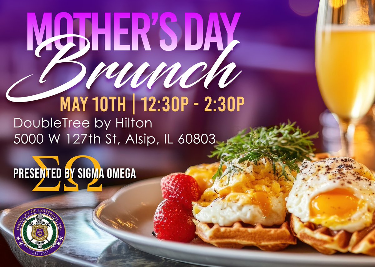 📷 For the Love of Mom: Mother’s Day Brunch
Hosted by Sigma Omega Chapter of Omega Psi Phi Fraternity, Inc.
Join us as we celebrate the heart and soul of our families — Mom 💜

📅 Saturday, May 10th, 2025
🕛 12:00 PM – 2:30 PM
📍 DoubleTree by Hilton, Alsip
🎟 Tickets: $60