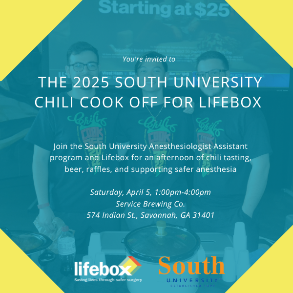 Lifebox (@safersurgery) on Twitter photo 🔥 THIS SATURDAY in Savannah, GA! Don't miss <a href="/SouthU/">South University</a> AA program’s Chili Cook-Off for Lifebox! 🌶️
📅 April 5 | 🕐 1-4 PM
📍 Service Brewing Co.
Help beat last year’s $15k for anesthesia safety!
Donate: donate.lifebox.org/campaign/2025-…
#ChiliCookOff #SafeAnesthesia 🔥 THIS SATURDAY in Savannah, GA! Don't miss <a href="/SouthU/">South University</a> AA program’s Chili Cook-Off for Lifebox! 🌶️
📅 April 5 | 🕐 1-4 PM
📍 Service Brewing Co.
Help beat last year’s $15k for anesthesia safety!
Donate: donate.lifebox.org/campaign/2025-…
#ChiliCookOff #SafeAnesthesia