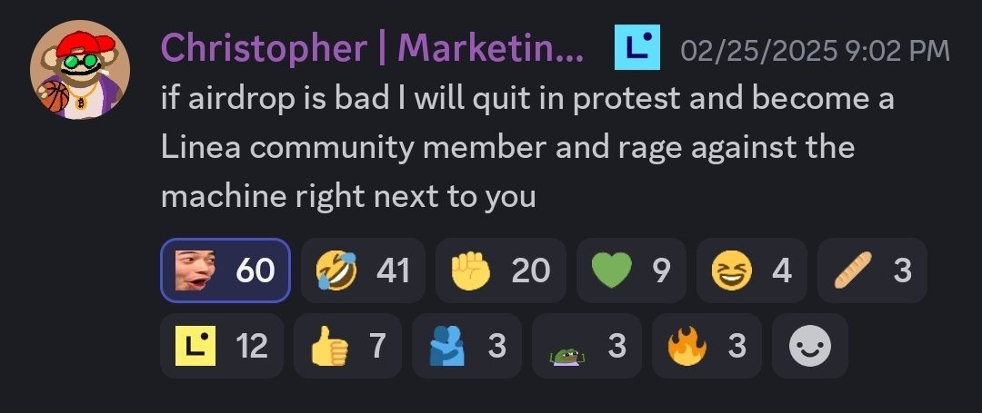 0xArtix (@0xartix) on Twitter photo Linea discordunda;
"Eğer airdrop kötü olursa işi bırakıp protesto edicem, topluluğa katılıcam."
Mesajını atan <a href="/bigironchris/">Christopher Kocurek</a> , linea'daki görevinden ayrıldığını açıkladı. 😂
Fee paramız gelsin yeterli kafasındayım artık. Linea discordunda;
"Eğer airdrop kötü olursa işi bırakıp protesto edicem, topluluğa katılıcam."
Mesajını atan <a href="/bigironchris/">Christopher Kocurek</a> , linea'daki görevinden ayrıldığını açıkladı. 😂
Fee paramız gelsin yeterli kafasındayım artık.