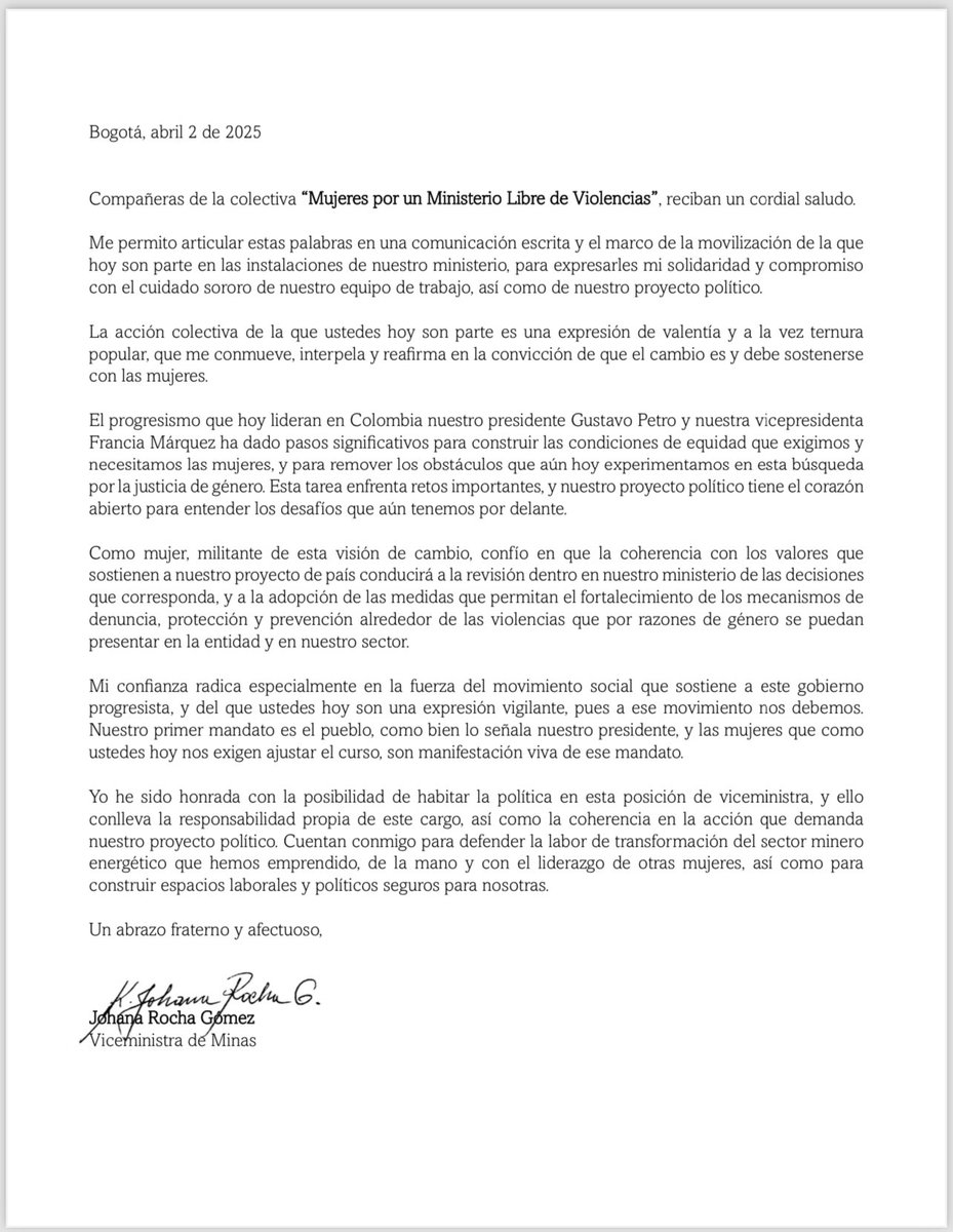 Comparto con ustedes la carta que dirigí a funcionarias y contratistas del Ministerio de Minas y Energía que adelantaron una acción colectiva en las instalaciones de nuestra entidad. Su valentía reafirma que el cambio debe sostenerse con las mujeres #ElCambioEsConLasMujeres