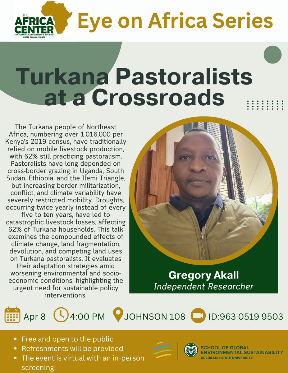 Hello everyone! Join is for this exciting talk on "Turkana Pastoralists at a Crossroads" in Johnson Hall (Montreal) Room 108 at 4pm MST.
The event is virtual with an in person screening. You can also join via Zoom (ID 963 0519 9503) 
The event is free and open to the public.