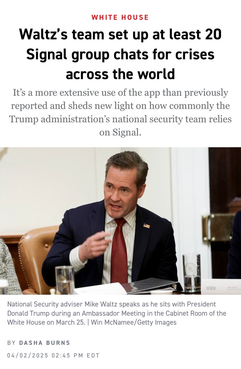 NEWS: It wasn’t just Yemen. Mike Waltz set up Signal chats for more than 20 national security crises around the world

politico.com/news/2025/04/0…