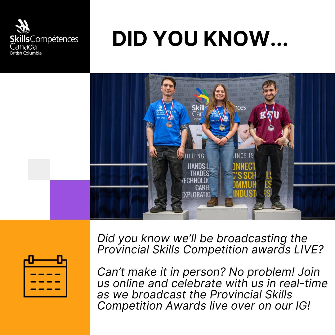 SkillsBC's tweet image. 🏆 Watch the Awards LIVE on our IG page (@SkillsBC)! 🏆

Can’t be there in person? We’ve got you covered! Tune in online and celebrate with us in real-time as we recognize top talent. 🎥✨

#SkillsCanada #LiveAwards #CelebrateSuccess