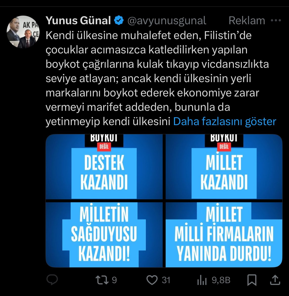 Komedi gibi ya reklam vermiş her yerde karşımıza çıkıyor. Zorla engelletti kendini #boykot