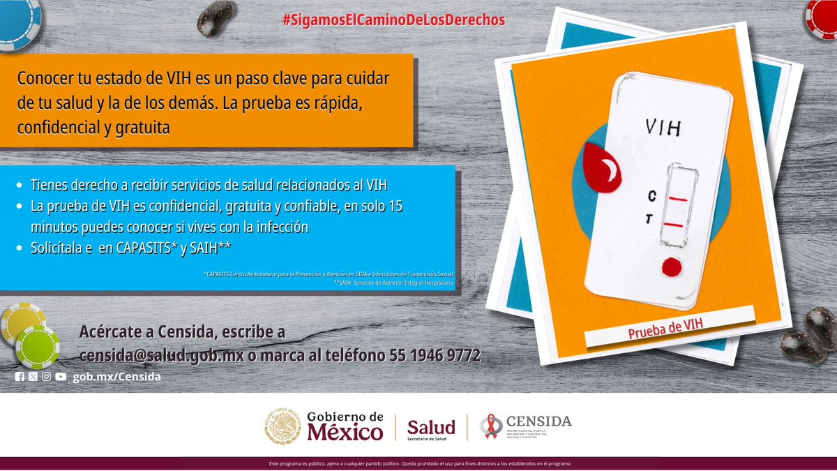 censida's tweet image. La prueba rápida de VIH es fácil, gratuita y confidencial. Da resultados en minutos. ¡Infórmate y protégete!

Para saber dónde solicitarla: censida@salud.gob.mx y tel. 5519469772

#SigamosElCaminoDeLosDerechos