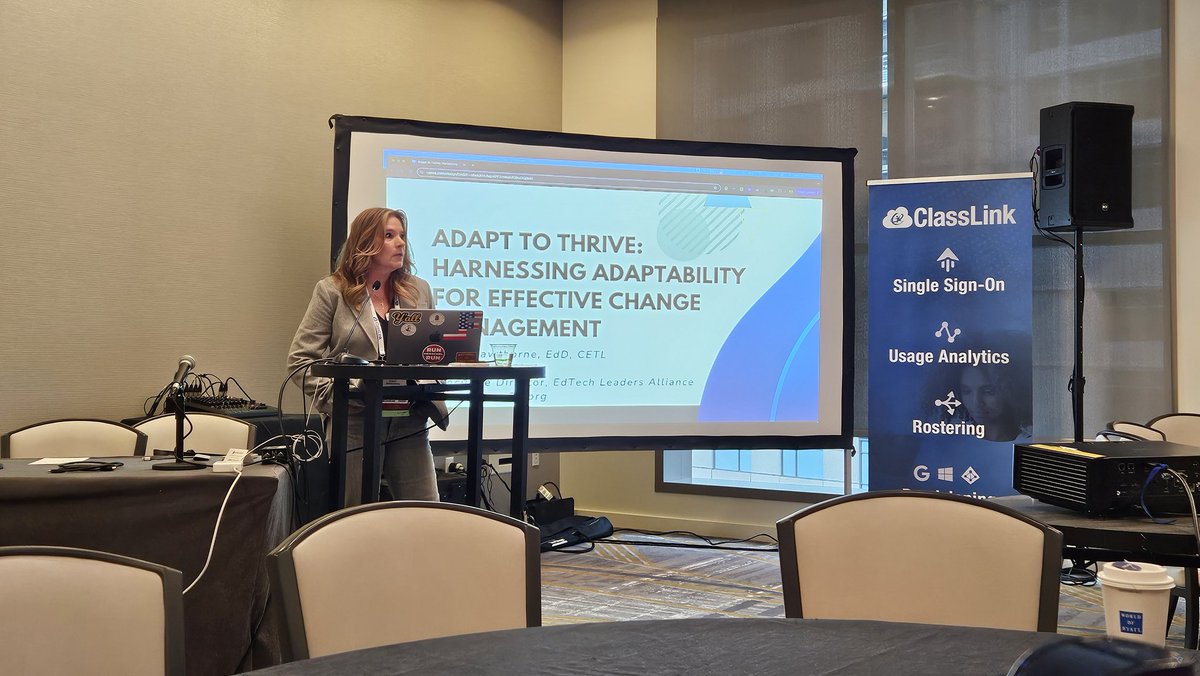 Attended session <a href="/CoSN/">CoSN</a> by <a href="/StacyHaw/">Stacy Hawthorne, Ed.D.</a> this morning Adapt to Thrive: Harnessing Adaptability for Effective Change Management. Great topic for any IT Leader including industry and business. Stories that how to adapt to change in your leadership to deal with resistance.