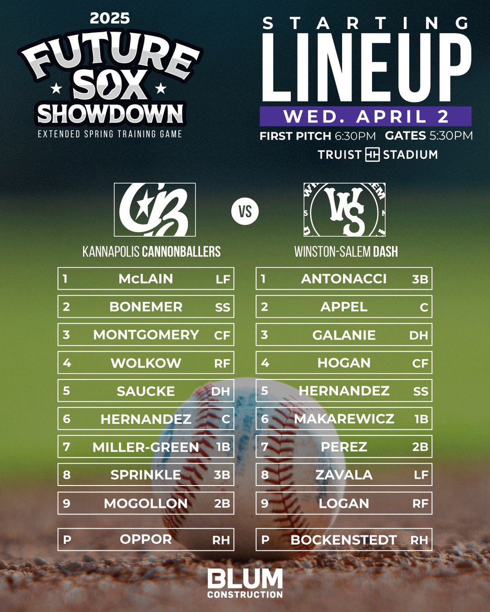 Winston-Salem Dash (@wsdashbaseball) on Twitter photo Your Future Sox Showdown Dash and <a href="/Kcannonballers/">Kannapolis Cannon Ballers</a> Starting Lineups, presented by <a href="/FLBlumConstr/">Frank L. Blum Construction</a>
🎟️ bit.ly/future-sox-sho…
🖊 On-Field Autograph Session from 5:45-6PM
⚾️ First Pitch is at 6:30PM Your Future Sox Showdown Dash and <a href="/Kcannonballers/">Kannapolis Cannon Ballers</a> Starting Lineups, presented by <a href="/FLBlumConstr/">Frank L. Blum Construction</a>
🎟️ bit.ly/future-sox-sho…
🖊 On-Field Autograph Session from 5:45-6PM
⚾️ First Pitch is at 6:30PM