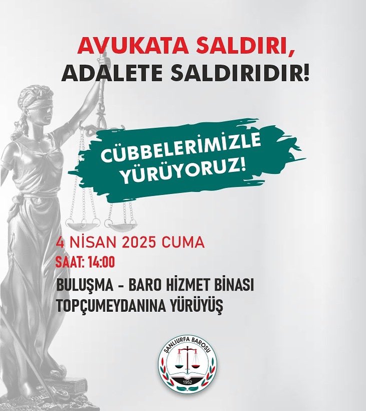 Şanlıurfa Barosu olarak 4 Nisan Cuma günü saat 14:00’te yapacağımız yürüyüşe, tüm meslektaşlarımızı davet ediyoruz.

Katılımınız, bu mücadelenin gücünü artıracak ve dayanışmamızın en değerli parçası olacaktır.

Hep birlikte daha güçlü.