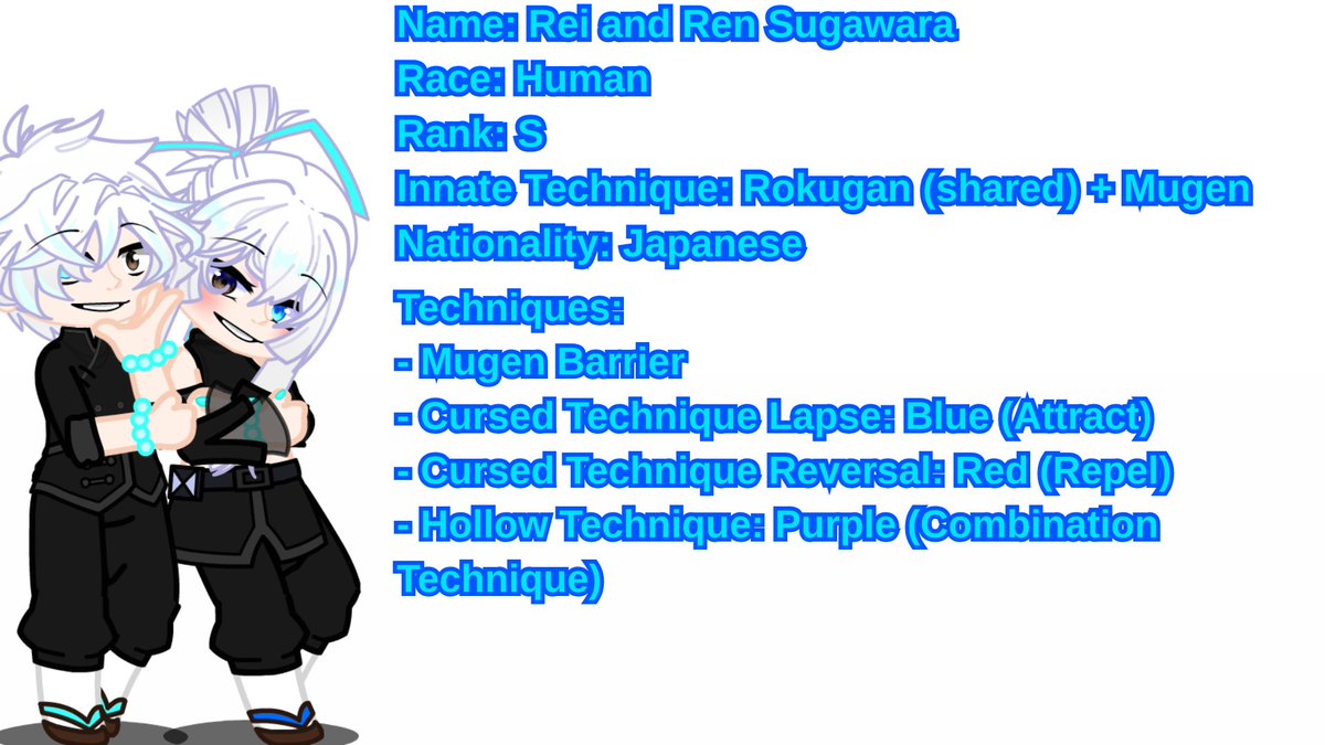 Tarjeta de Personaje: Rei y Ren Sugawara
Ficha de Personagem: Rei e Ren Sugawara
Character Card: Rei and Ren Sugawara