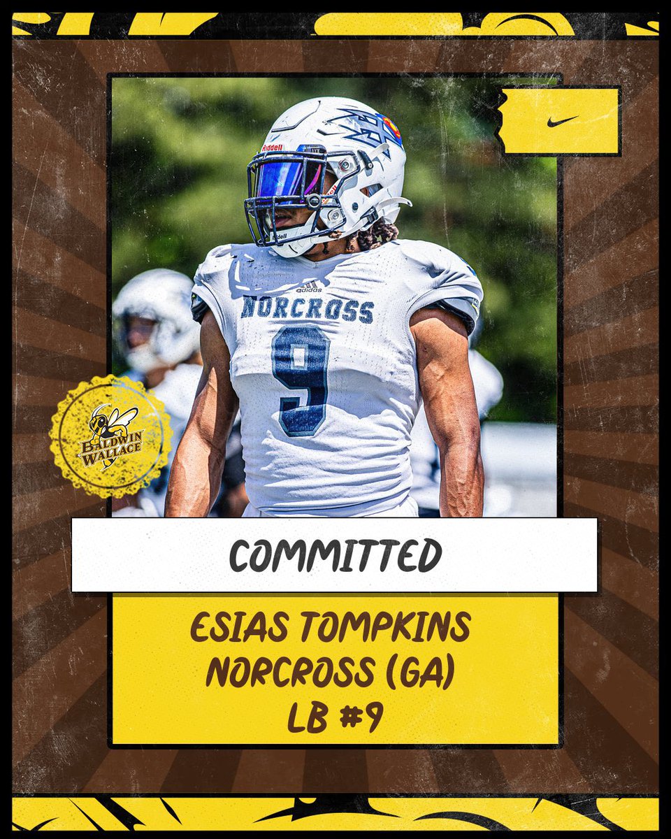 Esias Tompkins(E9) (@esias_tompkins) on Twitter photo After careful consideration and talking with family. I am excited to announce my commitment to Baldwin Wallace university. #YellowJackets
<a href="/rocanthony_/">Rocky Zingale</a> <a href="/CoachHilvert/">Jim Hilvert</a> <a href="/EthanNichol10/">Ethan Nichol</a> <a href="/CoachScottRaber/">Scotty Raber</a> <a href="/Norcross_FB/">Norcross Football</a> <a href="/CoachJohnson52/">Michael Johnson</a> <a href="/Coach_Guillory/">Jacob Guillory</a> After careful consideration and talking with family. I am excited to announce my commitment to Baldwin Wallace university. #YellowJackets
<a href="/rocanthony_/">Rocky Zingale</a> <a href="/CoachHilvert/">Jim Hilvert</a> <a href="/EthanNichol10/">Ethan Nichol</a> <a href="/CoachScottRaber/">Scotty Raber</a> <a href="/Norcross_FB/">Norcross Football</a> <a href="/CoachJohnson52/">Michael Johnson</a> <a href="/Coach_Guillory/">Jacob Guillory</a>