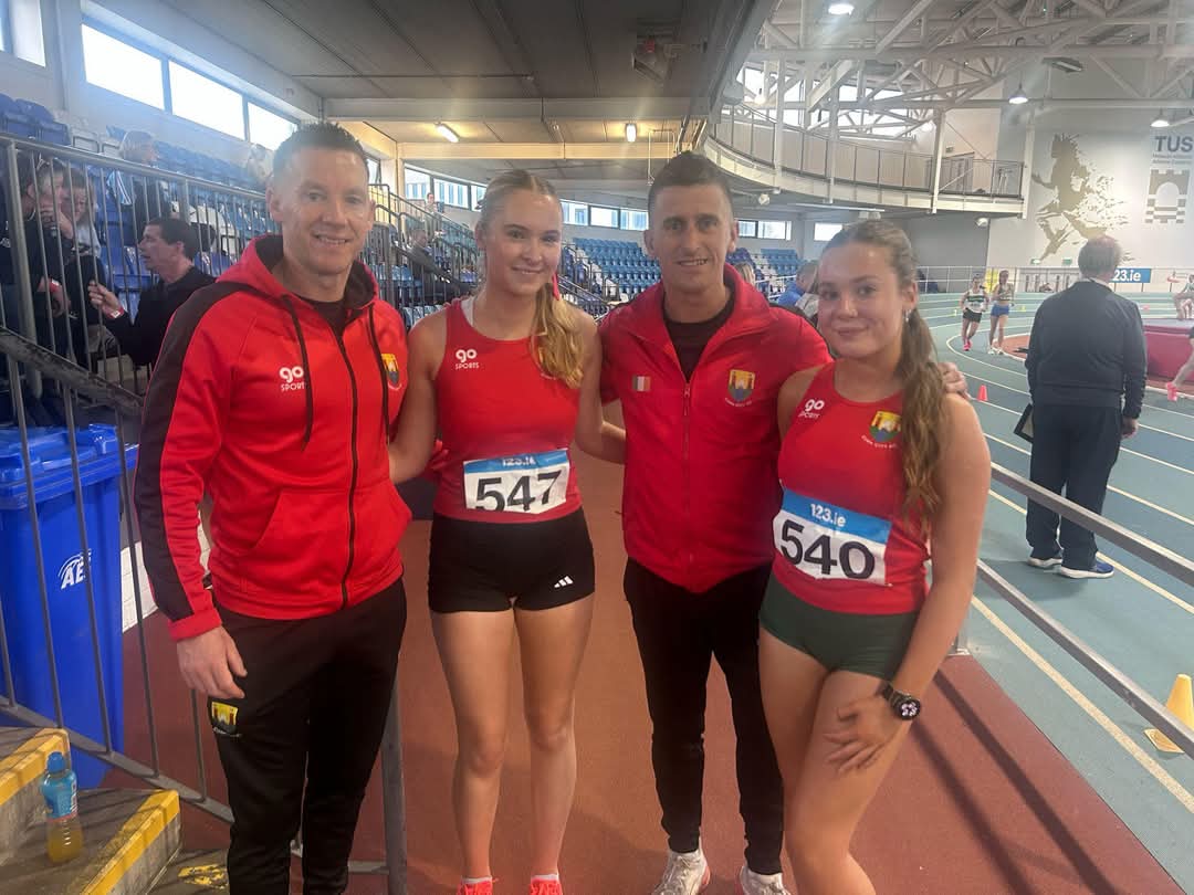All Ireland Indoors:

U17G - 1500m walk Faye &amp; Siun (PBs) 
U16B - 1500m Daithi (PB) 
U13G - 60m Laura (narrowly missed final)
U13B - Robert 1st, Adam 4th, Cathal 5th (PBs)
U13G - Shot Eabha (narrowly missed final)
U12G - Seren 4th (same time as 3rd), Regan (narrowly missed final)