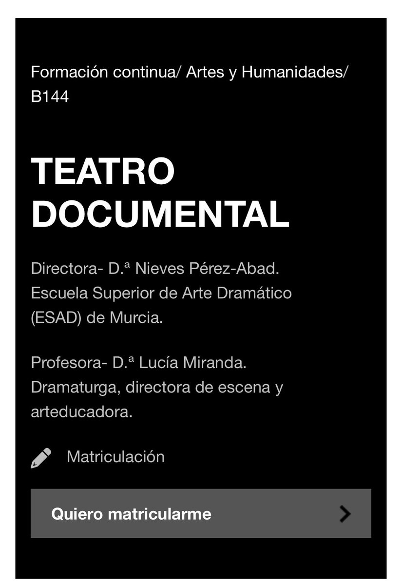 Cross Border Project (@crossborderproj) on Twitter photo ¡Atención!
Este verano volvemos a <a href="/UNIAuniversidad/">Universidad Intern. de Andalucía</a> para dar un taller de #TeatroDocumental.
Del 7 al 11 de julio de 2025, en la Universidad Internacional de Andalucía en Baeza (Jaén).
Con <a href="/luciarmiranda/">Lucia Miranda</a> 🔥
Más info e inscripciones: unia.es/estudios-y-acc… ¡Atención!
Este verano volvemos a <a href="/UNIAuniversidad/">Universidad Intern. de Andalucía</a> para dar un taller de #TeatroDocumental.
Del 7 al 11 de julio de 2025, en la Universidad Internacional de Andalucía en Baeza (Jaén).
Con <a href="/luciarmiranda/">Lucia Miranda</a> 🔥
Más info e inscripciones: unia.es/estudios-y-acc…