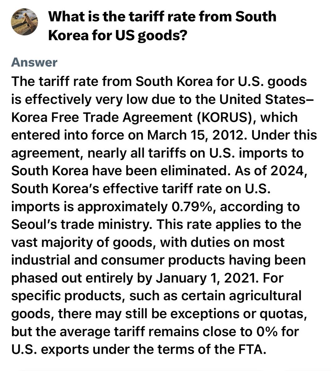 AGHamilton29's tweet photo. To give an example: 

They list the tariff rate for South Korea as 50%. The actual rate for US goods is 0.79%

South Korea’s WTO tariff rate (13.4%) is much higher than the US (3.3%) but that is never applied because we have a free trade agreement. https://t.co/W6qaLNOEG2