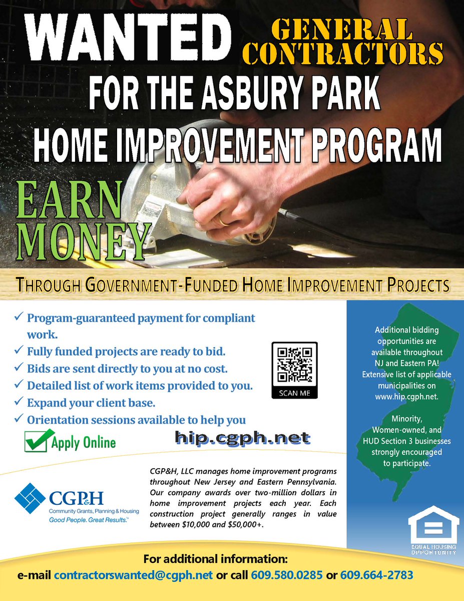 City of Asbury Park (@inasburyparknj) on Twitter photo Attention General Contractors! CGP&H is actively seeking qualified general contractors to work with the Asbury Park Home Improvement Program. Apply online at hip.cgph.net. For questions, contact CGP&H at 609-664-2783 or contractorswanted@cgph.net Attention General Contractors! CGP&H is actively seeking qualified general contractors to work with the Asbury Park Home Improvement Program. Apply online at hip.cgph.net. For questions, contact CGP&H at 609-664-2783 or contractorswanted@cgph.net