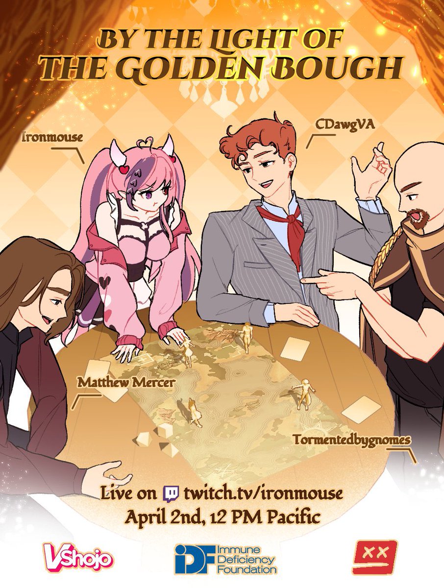 We’ve got a full table today!

Join <a href="/ironmouse/">ironmouse🇵🇷😈💖</a>, <a href="/CDawgVA/">Connor</a>, <a href="/matthewmercer/">Matthew Mercer</a>, <a href="/TrmntdByGnomes/">TormentedByGnomes</a> and multiple special guests to raise money for the <a href="/immunedeficienC/">Immune Deficiency Foundation</a>!!

Live on twitch.tv/ironmouse
Donate at tiltify.com/+vshojo/by-the…