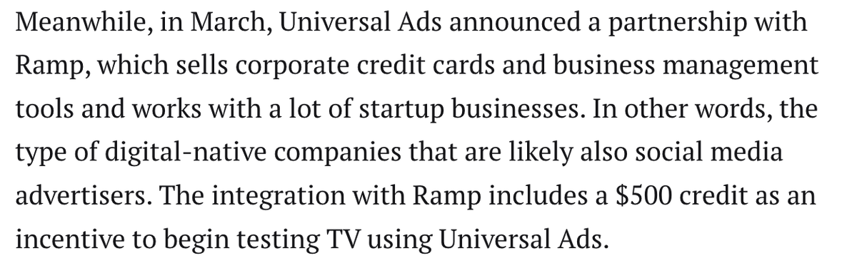 BradAT's tweet image. Smart, synergistic partnership btwn @Universal_Ads and @tryramp that gets new users a $500 credit to test TV. 
From @adexchanger