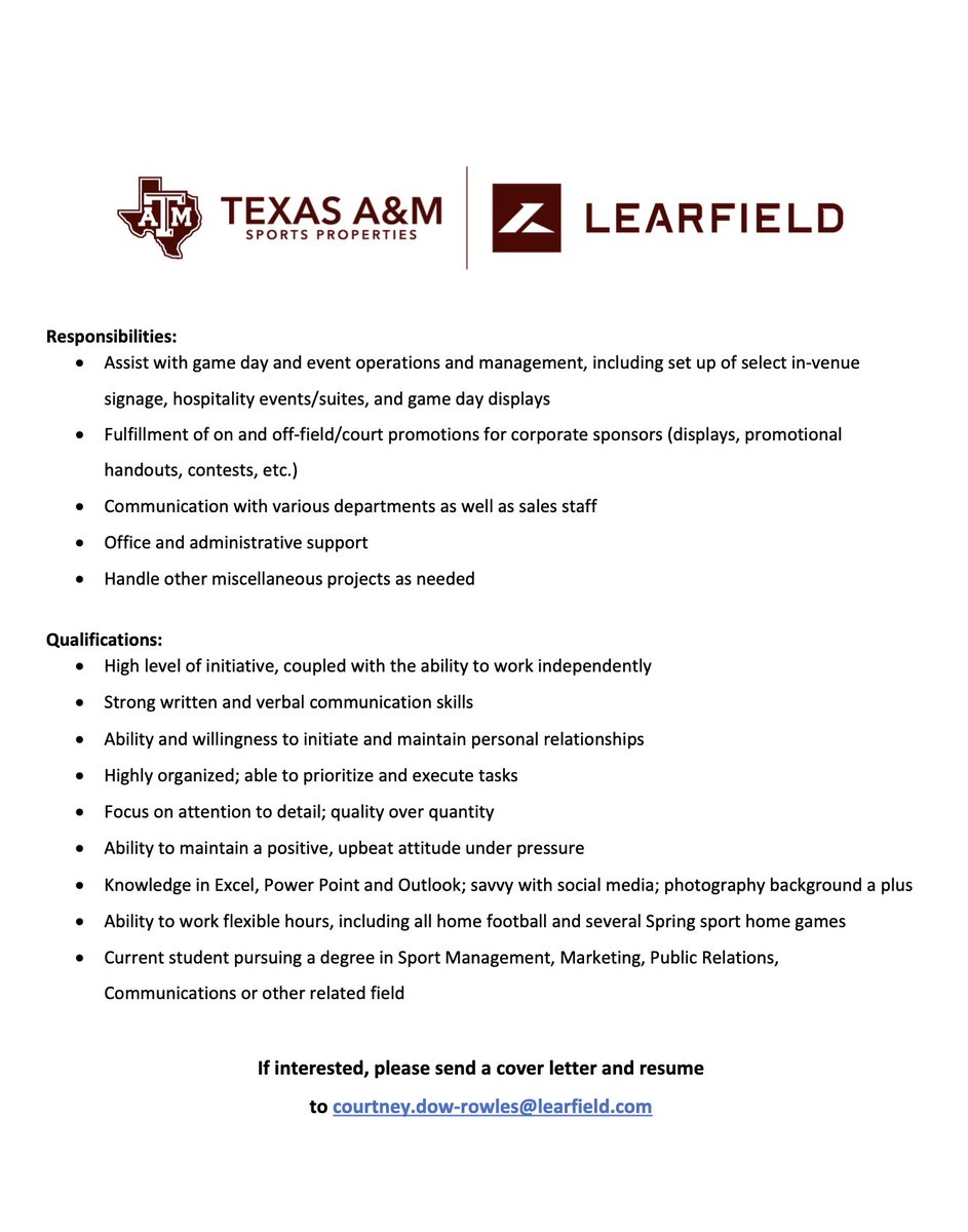 TexasAMSP's tweet image. 🚨 Exciting Opportunity Alert 🚀

We are hiring part time Property Assistants. If you're organized, detail-oriented, and passionate about sports &amp;amp; The 12th Man, we want you on our team.  Apply now and be part of the Aggie spirit!