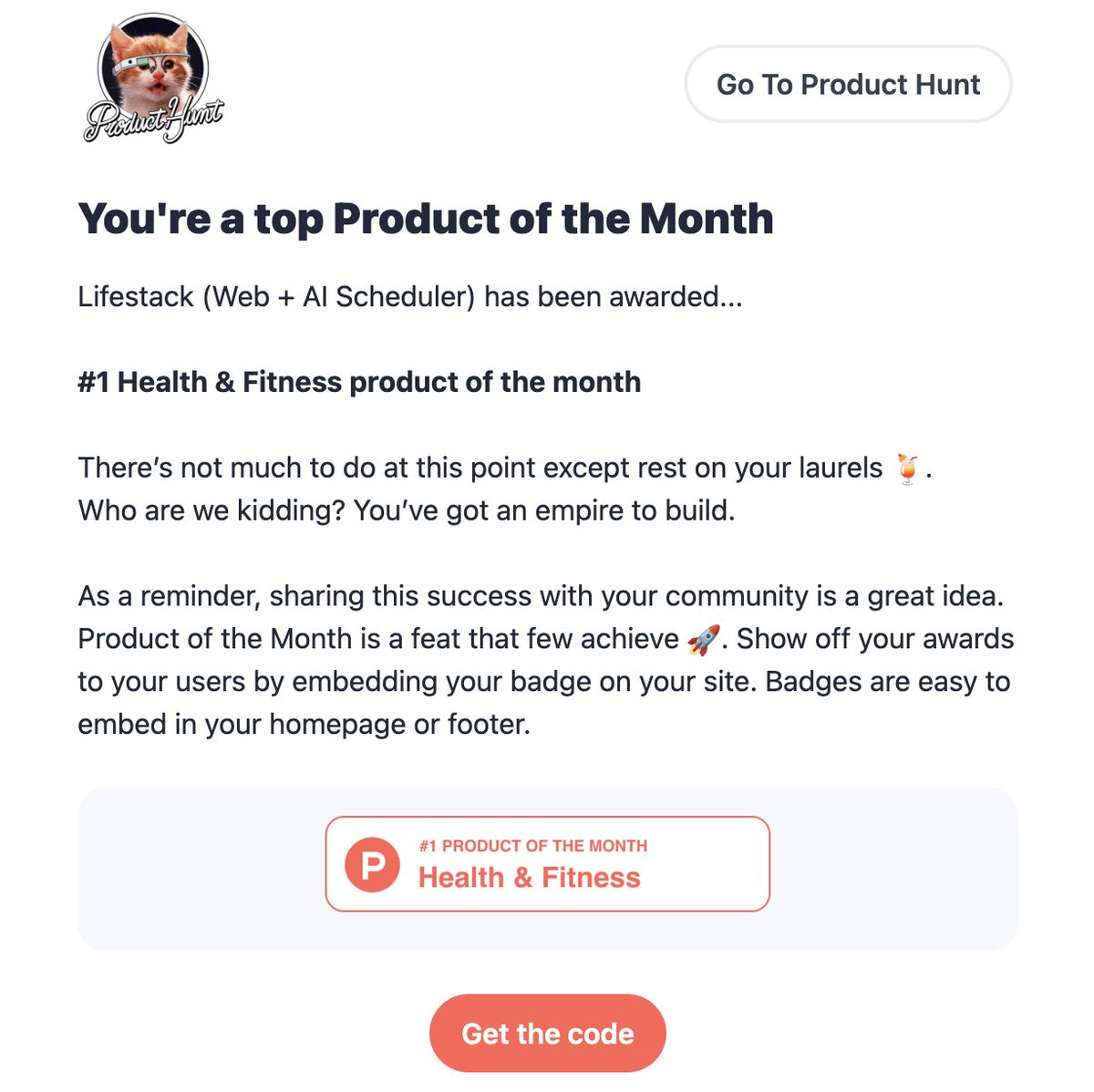 We just found out that <a href="/LifestackAI/">Lifestack</a> was named the #1 Health &amp; Fitness product of the month on <a href="/ProductHunt/">Product Hunt 😸</a> 👑

Huge thanks to everyone who supported us!
