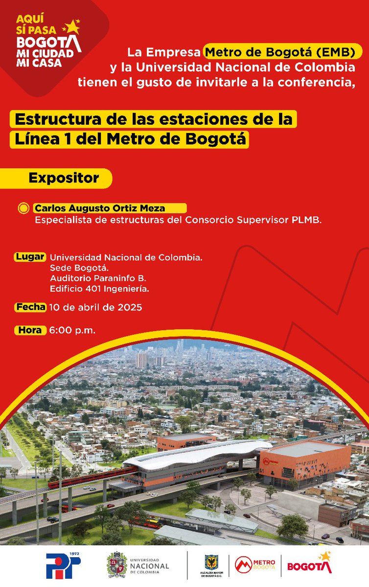 PIT_UN's tweet photo. La Empresa Metro de Bogotá (EMB) y el Semillero del Programa de Investigación en Transporte, Movilidad y Territorio (PIT) de la Universidad Nacional de Colombia te invitan a una conferencia clave para comprender la estructura de las estaciones de la Línea 1 del Metro de Bogotá. https://t.co/vtcgMhfbXr