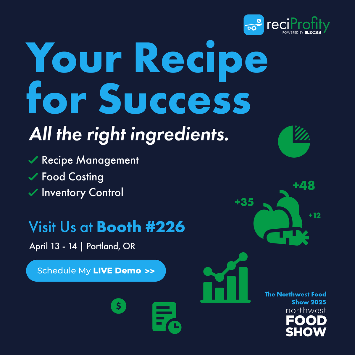 ReciProfity's tweet image. Having trouble costing prepared food items?
Visit Us at Booth #226
Portland, OR • April 13 - April 14, 2025

Discover how you can increase your prepared food cost margins by 5-10%. Visit reciProfity at Booth #226 to learn how our cutting-edge technology makes food costing,…