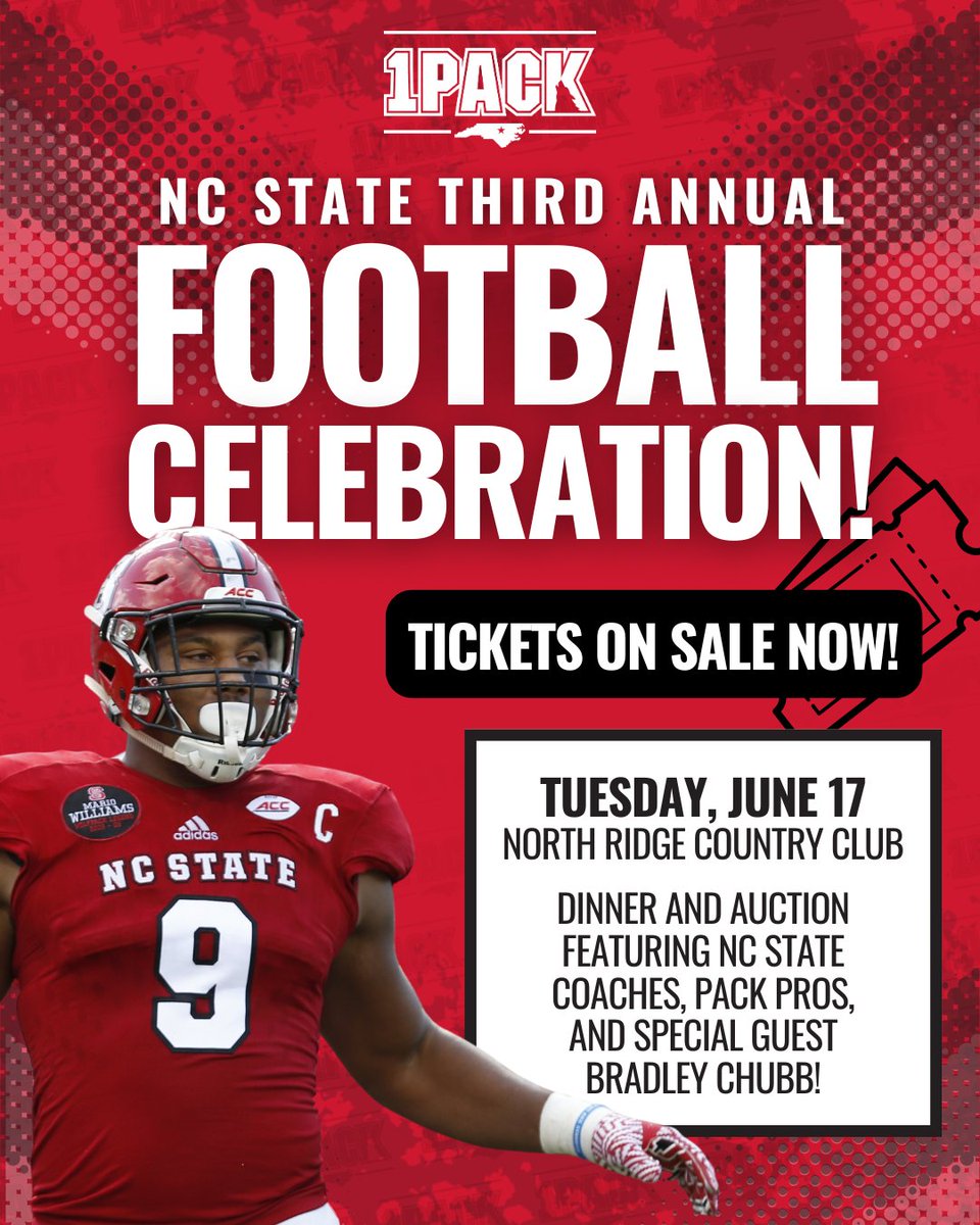 One Pack NIL Collective (@onepacknil) on Twitter photo 🚨 Tickets are NOW ON SALE! 🚨
Join us for the 3rd Annual NC State Football Celebration, featuring <a href="/PackFootball/">NC State Football</a> coaches, alumni, players, fans, and special guest <a href="/astronaut/">Bradley Chubb</a>! 🏈🐺
Enjoy a thrilling live auction with exclusive NC State experiences and the return of renowned 🚨 Tickets are NOW ON SALE! 🚨
Join us for the 3rd Annual NC State Football Celebration, featuring <a href="/PackFootball/">NC State Football</a> coaches, alumni, players, fans, and special guest <a href="/astronaut/">Bradley Chubb</a>! 🏈🐺
Enjoy a thrilling live auction with exclusive NC State experiences and the return of renowned