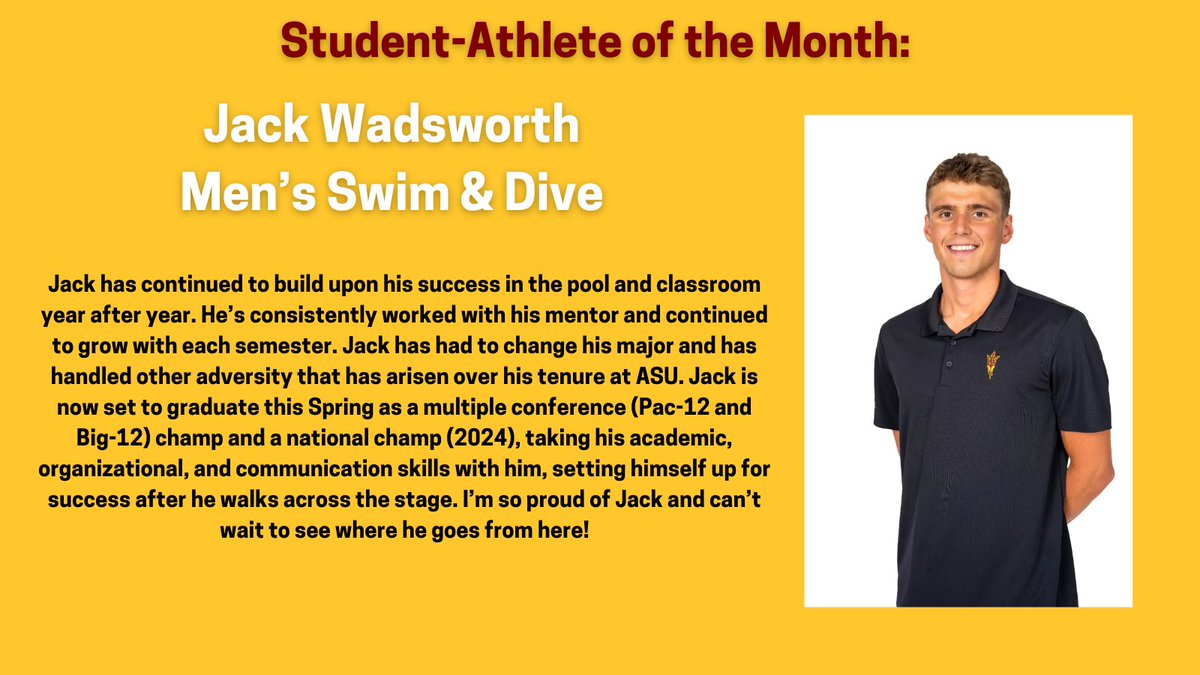 Sun Devil OSAD (@sundevil_osad) on Twitter photo The first student we'd like to recognize is Jack Wadsworth from <a href="/ASUSwimDive/">Sun Devil Swim/Dive</a>, our Most Improved Male Student-Athlete of the Month. Jack has made an impact in the classroom and within his team this month, great job! <a href="/TheSunDevils/">Arizona State Sun Devils</a> #O2V! The first student we'd like to recognize is Jack Wadsworth from <a href="/ASUSwimDive/">Sun Devil Swim/Dive</a>, our Most Improved Male Student-Athlete of the Month. Jack has made an impact in the classroom and within his team this month, great job! <a href="/TheSunDevils/">Arizona State Sun Devils</a> #O2V!