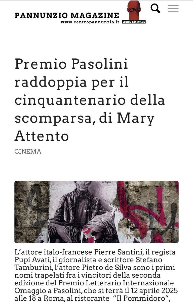 Premio Omaggio a Pasolini 12 aprile a Il Pommidoro a Roma, l’ultimo posto in cui cenò il poeta prima dell’assassinio.
La mia intervista a <a href="/MarinaPratici/">Marina Pratici</a>, che ha anticipato il convegno nella stessa sede il 2/11 per i 50 anni dalla scomparsa di Pasolini
pannunziomagazine.it/premio-pasolin…