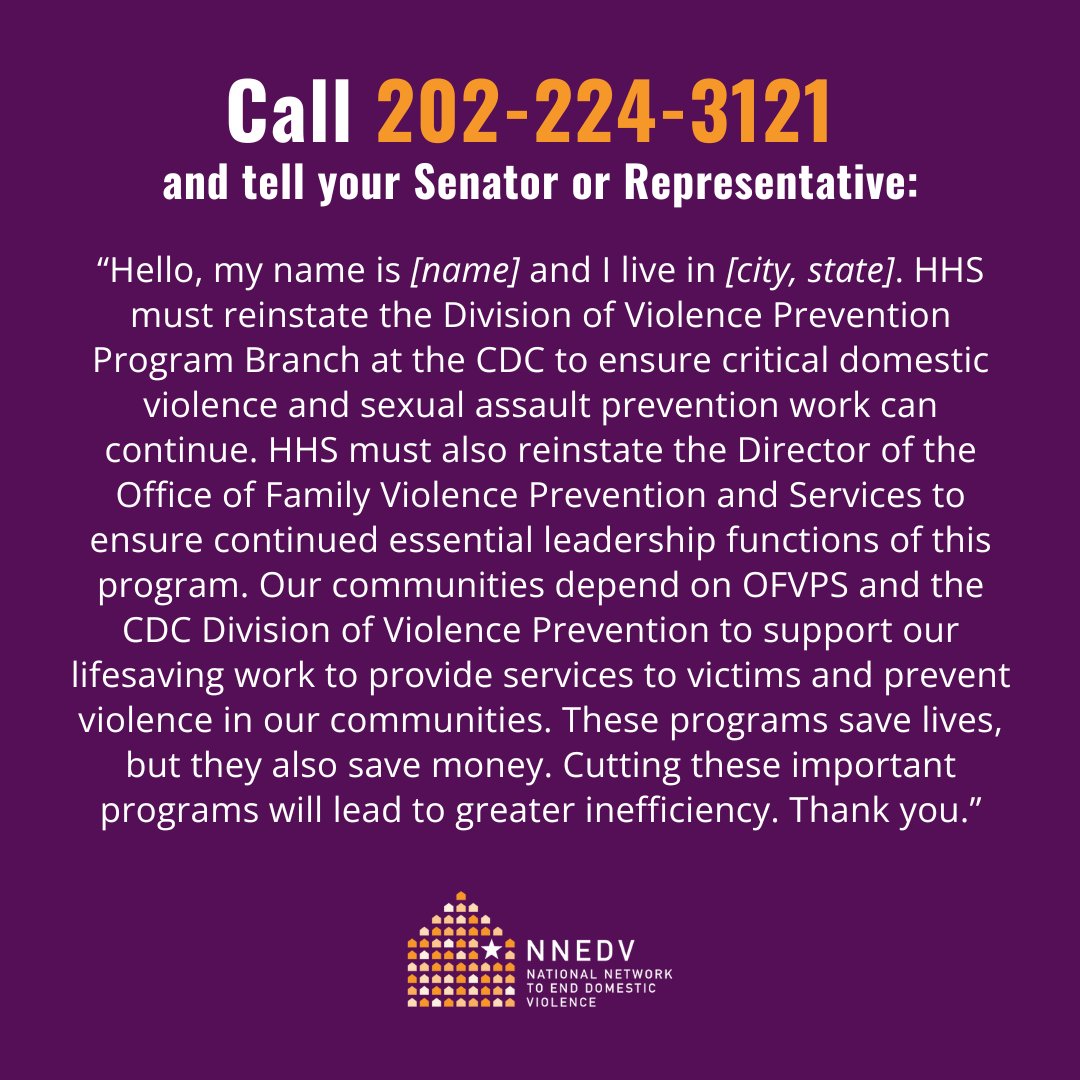NNEDV (@nnedv) on Twitter photo 🚨 Action Alert! 🚨 Tell Congress: Yesterday’s job cuts at the Department of Health and Human Services (#HHS) will endanger victims and survivors and threaten decades of a successful public health response to domestic violence and sexual assault. 🚨 Action Alert! 🚨 Tell Congress: Yesterday’s job cuts at the Department of Health and Human Services (#HHS) will endanger victims and survivors and threaten decades of a successful public health response to domestic violence and sexual assault.