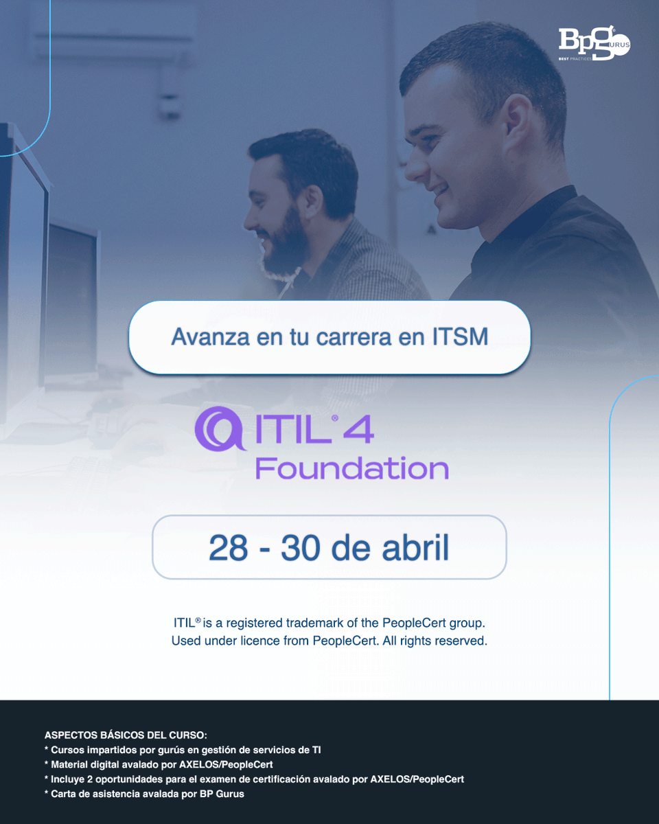 Impulsa tu carrera profesional, domina las mejores prácticas y destaca en el mundo de #TI e #ITSM. ¡Contáctanos hoy mismo! ➡ 56 2157 4674 o info@bpgurus.com #ITIL4 #ITILCertification #itil4foundation #ITIL #sdi #ServiceDeskAnalyst #ServiceDesk