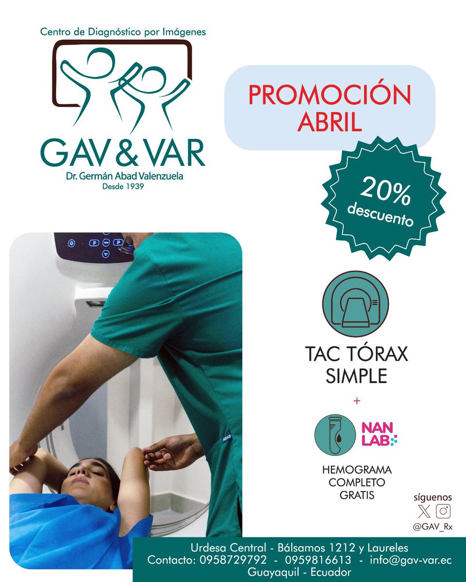 gav_rx's tweet photo. 🌟 **¡PROMO ABRIL EN GAV & VAR!** 🌟
¡20% de descuento en TAC de tórax simple + hemograma completo de NanLab GRATIS! 🧪🩺✨
✅ Tecnología de vanguardia
✅ Resultados rápidos
✅ Atención personalizada
¡Agenda ya!
#Nanlab #PromociónAbril #Salud #Descuento #GAV #VAR https://t.co/wPBY9W7EfA