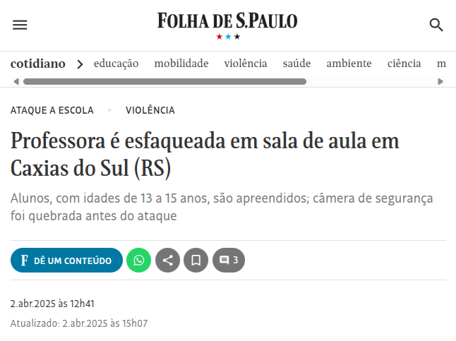 profpaulamarisa's tweet photo. Da pedagogia do oprimido à pedagogia do esfaqueado: a escola que sangra
Quando o “aluno coitadinho” vira agressor e o professor sai de maca, algo muito errado deixou de ser dito — e enfrentado.

Na segunda-feira, 1º de abril — ironicamente o Dia da Mentira — uma professora foi esfaqueada em sala de aula por dois alunos de 14 e 15 anos em Caxias do Sul, no Rio Grande do Sul. O ataque foi brutal. A vítima, levada às pressas ao hospital, sobreviveu. Já os agressores, claro, estão “amparados” pelo Estatuto da Criança e do Adolescente. O Brasil, como sempre, protege os mais frágeis — desde que estejam armados com uma faca e cobertos pela ideologia do "sistema opressor".

A cena, que se repete com frequência cada vez maior no país, não é um raio em céu azul. É o resultado lógico de décadas de doutrinação pedagógica, desmonte da autoridade e fetichização da juventude infratora. A educação brasileira não ensina, não corrige e — o mais grave — não protege mais nem seus professores.

A escola que desaprendeu a ensinar (e a se defender)

Nas últimas décadas, a pedagogia brasileira abraçou uma espécie de autodestruição institucional. Inspirada em pensadores como Paulo Freire, adotou como mantra a ideia de que o professor deve ser um “mediador”, jamais uma figura de autoridade. Disciplinar virou “oprimir”. Corrigir virou “violência simbólica”. E reprovar? Nem pensar — “traumatiza”.

A sala de aula foi transformada em um “ambiente horizontal”, onde tudo é diálogo, escuta, acolhimento — menos ensino. Só esqueceram de avisar os adolescentes de que limites ainda existem. Ou pior: talvez ninguém tenha mesmo a intenção de colocá-los.

O resultado está nos corredores escolares: aumento de violência, professores adoecendo, alunos indisciplinados e famílias omissas. E sempre que uma tragédia como a de Caxias do Sul acontece, a resposta oficial é uma só: “Vamos ampliar o atendimento psicológico.” Como se a faca tivesse sido guiada por traumas — e não por uma cultura de impunidade alimentada dentro e fora da escola.

ECA: Estatuto da Cegueira Adolescente

Os dois adolescentes responsáveis pelo ataque já foram “encaminhados” para medidas socioeducativas. A palavra “encaminhados” é um eufemismo para “logo estarão de volta à escola, como se nada tivesse acontecido”. O ECA-  tornou-se escudo para criminosos mirins. Ele parte do princípio de que todo adolescente é uma vítima do sistema — nunca um agente do próprio ato.

Com isso:

- Crimes brutais cometidos por menores recebem respostas brandas;

- A sociedade finge surpresa a cada novo ataque;

- E os profissionais da educação continuam na linha de frente, desarmados e sozinhos.

Quando um professor é esfaqueado por um aluno, o problema não é só a violência. É o sistema inteiro que colapsou — e prefere psicologizar a tragédia a enfrentá-la com a seriedade necessária.

Pais ausentes, telas presentes — e a geração do “ninguém manda em mim”

Enquanto isso, em casa, o cenário não é muito diferente. A autoridade parental também virou alvo. Na era dos tutoriais de “como criar filhos livres de traumas”, dizer “não” virou quase um crime. Corrigir é opressor. Castigar é abuso. E o TikTok assume o papel de educador, com vídeos de 15 segundos ensinando o que nem a escola nem os pais têm coragem de abordar.

A consequência é um jovem que cresce sem medo, sem freio e sem noção de consequência. Ele não respeita pai, não respeita professor, e quando comete um crime, ainda é tratado como vítima.

Essa geração não caiu do céu. Foi cultivada com esmero por um sistema que trocou valores por slogans progressistas e autoridade por permissividade. Agora, colhemos os frutos.

Quando ninguém pode mais mandar, a barbárie comanda

A escola perdeu o poder. A família perdeu o pulso. A justiça perdeu o senso de urgência. E os adolescentes perderam o respeito. O caso de Caxias do Sul é apenas mais um capítulo de uma narrativa conhecida: a do colapso institucional embalado por boas intenções e más decisões.

A pergunta que não se cala é: quantos professores ainda vão sangrar em nome dessa pedagogia falida?

O progressismo educacional transformou o ensino em laboratório ideológico. Enquanto isso, professores — já mal pagos, desvalorizados e sobrecarregados — agora precisam trabalhar com medo de serem esfaqueados por quem deveriam estar educando.

Hora de abandonar o delírio e encarar a realidade

Se queremos reverter essa espiral de decadência, é preciso ter coragem para ir na raiz do problema. Isso envolve:

- Revisar urgentemente o ECA, tornando-o compatível com a realidade de hoje;

- Restaurar a autoridade do professor, inclusive com respaldo legal e institucional;

- E, acima de tudo, resgatar a responsabilidade dos pais, devolvendo-lhes o papel que o Estado, a mídia e a pedagogia moderna tentaram roubar: o de educadores primários.

Educação sem autoridade é utopia. Justiça sem punição é piada. E escola que não protege seu professor não merece o nome que carrega.

Chegou a hora de parar de fingir. Ou enfrentamos os fatos com seriedade — ou nos acostumamos a manchetes com sangue.