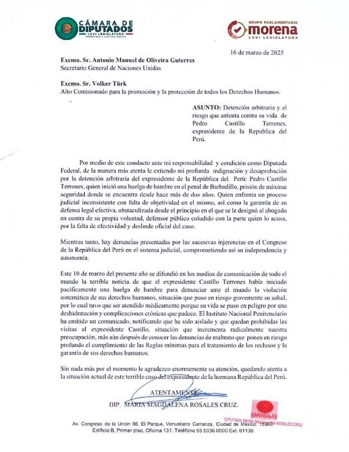 Muchas gracias a la diputada nacional de México, Magdalena Rosales, por su preocupación por mi caso y por el pueblo peruano. Aprecio especialmente la comunicación enviada al Alto Comisionado de las Naciones Unidas para los Derechos Humanos.
