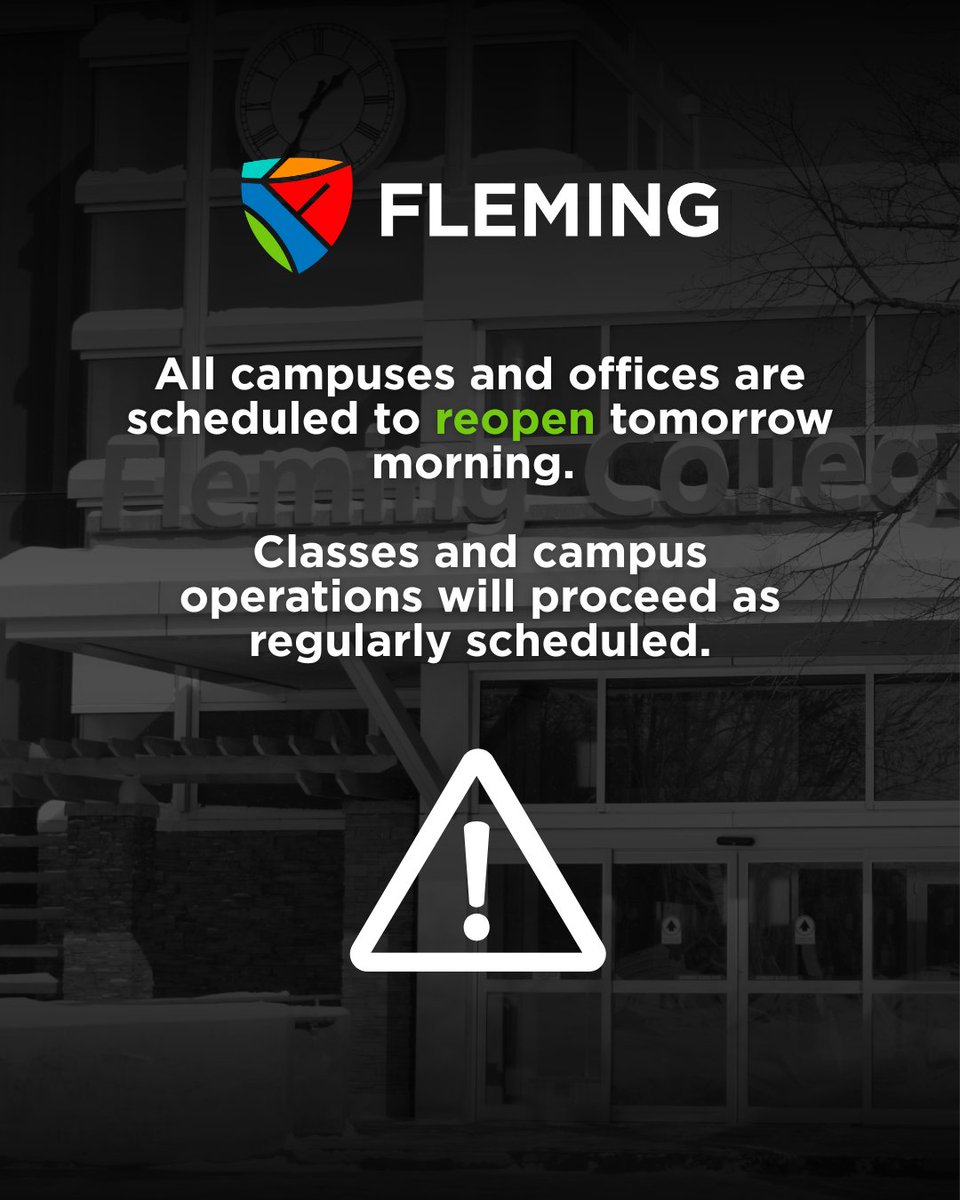 Updated April 2 4:28 p.m.: Due to inclement weather on Wednesday, April 2, all in-person classes at Sutherland Campus from 5 p.m. onward are cancelled. All Fleming campuses and offices are scheduled to reopen on Thursday, April 3, with classes and operations resuming as usual.