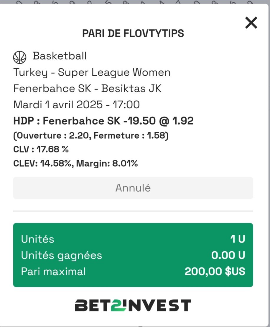 Hello <a href="/bet_2_invest/">Bet2invest 🇫🇷 🇧🇪🇨🇭🇨🇦</a> c'est possible de corriger l'erreur stp ? Fenerbahce a gagné de 49pts...
