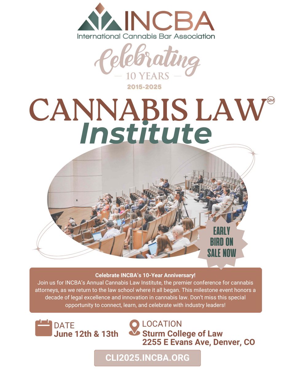 🚨 The premier Cannabis Law Institute is back, and for a limited time, you can secure your spot at OVER 50% OFF! 🎉⚖️

🔥 Early bird pricing won’t last long! Lock in your discounted rate today! 🔥

🔗 Register now: CLI2025.INCBA.ORG