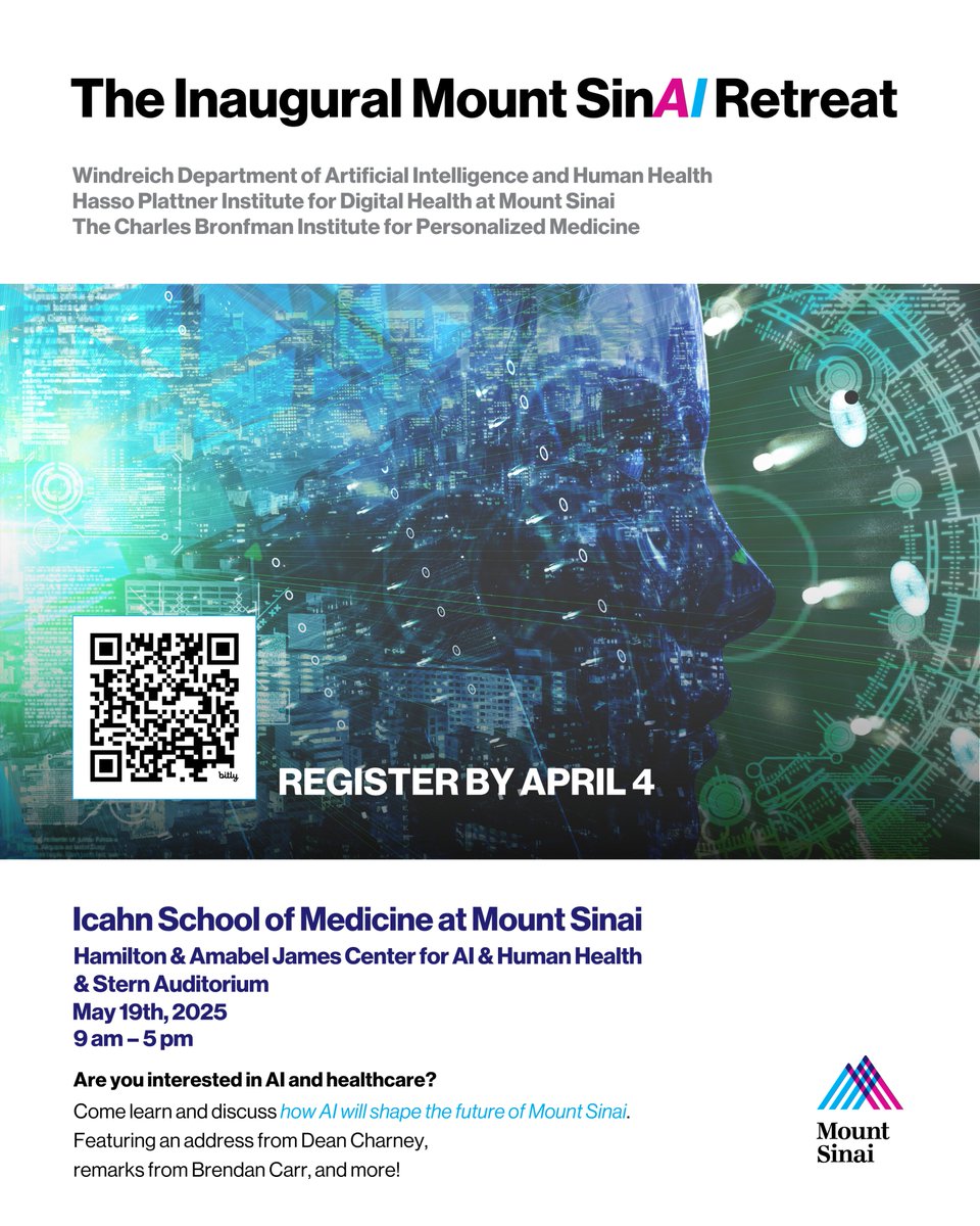 AI and Human Health at Mount Sinai (@aihealthmtsinai) on Twitter photo The Windreich Department of AI & Human Health, the Hasso Plattner Institute for Digital Health at Mount Sinai, and The Charles Bronfman Institute for Personalized Medicine at <a href="/IcahnMountSinai/">Icahn School of Medicine at Mount Sinai</a> are proud to announce the Inaugural Mount SinAI Retreat on May 19th, 2025! The Windreich Department of AI & Human Health, the Hasso Plattner Institute for Digital Health at Mount Sinai, and The Charles Bronfman Institute for Personalized Medicine at <a href="/IcahnMountSinai/">Icahn School of Medicine at Mount Sinai</a> are proud to announce the Inaugural Mount SinAI Retreat on May 19th, 2025!