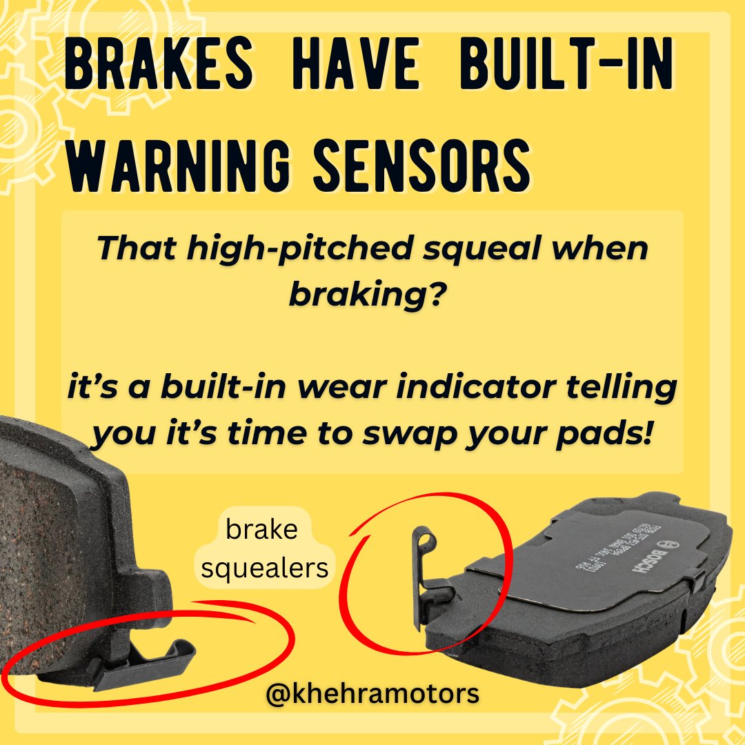 KhehraMotors's tweet photo. 🛑 Hearing a squeal when you brake? 

That high-pitched noise is your brake pads warning you it’s time for a change! 🔧 

Don’t ignore it - brake pad wear indicators (aka squealers) are built in for your safety. https://t.co/of89knfjdp