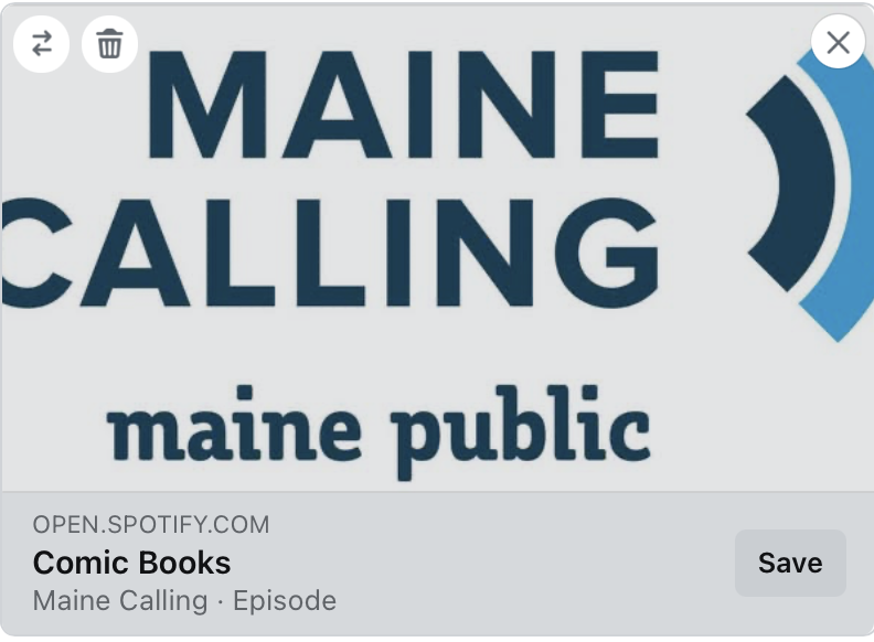 Portland Library ME (@portpubliclibme) on Twitter photo ❤️🔥 🗯️ 💥 Comic Books are more popular than ever!
🎧 Tune into <a href="/mainecalling/">Maine Calling</a> to hear Isabella Rotman & Rick Lowell chat about why this multigenerational genre is so inspiring ...and more about the Comic Arts Festival at the Downtown Branch on 4/5!
open.spotify.com/episode/6WWny3… ❤️🔥 🗯️ 💥 Comic Books are more popular than ever!
🎧 Tune into <a href="/mainecalling/">Maine Calling</a> to hear Isabella Rotman & Rick Lowell chat about why this multigenerational genre is so inspiring ...and more about the Comic Arts Festival at the Downtown Branch on 4/5!
open.spotify.com/episode/6WWny3…