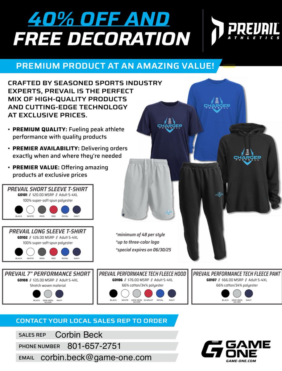 Corbin_GameOne's tweet image. Amazing promo going on with us at Game One! Top line in house apparel line Prevail Athletics going for 40% off and free deco!
Get top of line apparel for your teams or school at an awesome price and free decoration! This stuff rivals the best stuff out there! Connect with me