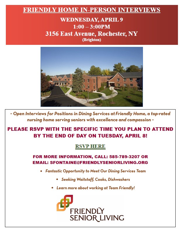 Friends, don't miss this opportunity for on-the-spot interviews at the #FriendlyHome! Lots of positions are available in Dining Services. Come meet the team! #TeamFriendly #greatopportunities #BecauseFriendsCareAlways 😊