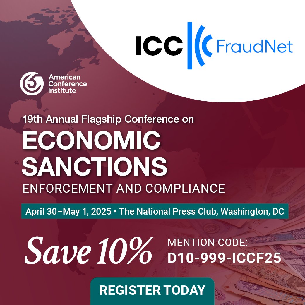 Join us at the 19th Annual Economic Sanctions Conference!

📅 April 30 – May 1, 2025 📍 Washington, DC

🔹 Key sanctions updates &amp; enforcement trends
🔹 Network with 250+ legal &amp; compliance experts
🎟 Save 10% with code D10-999-ICCFN25
🔗 Register: lnkd.in/epsjVz7x