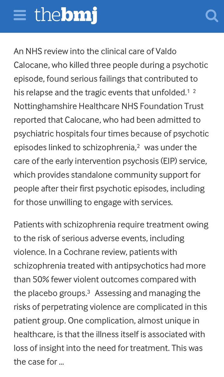 bmj.com/content/389/bm…

NHS review uncovers failings in Calocane’s care: ignored family warnings, poor risk assessment, let him refuse meds due to needle fear, lost contact after discharge - despite knowing violence risk. Tragic

Sounds like any MI homicide. #forensicpsychiatry